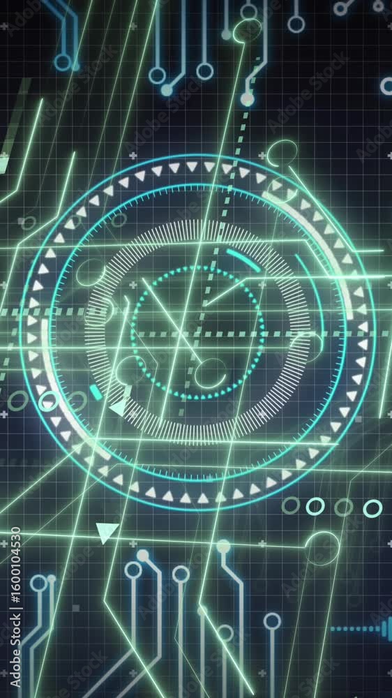 Poster Animation of computer circuit board with data processing and scope