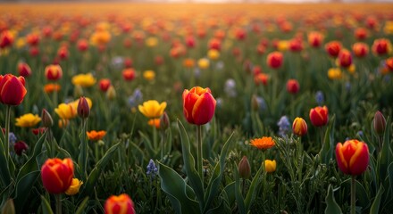 Fototapeta premium Sunset Tulip Field Bloom - A vibrant field of tulips bathed in the golden light of sunset, symbolizing beauty, renewal, hope, and the fleeting nature of time.