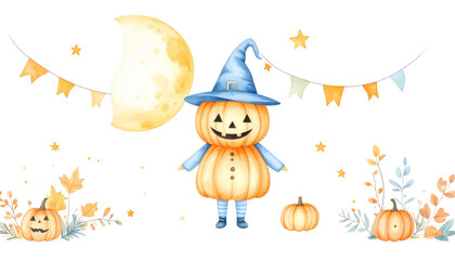 Spooky Halloween pumpkins, one with a witch and another a festive autumn harvest illustration, capture the vibrant orange and black cartoon design of the October holiday night