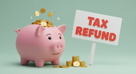 Tax Refund Piggy Bank Savings - Pink piggy bank overflowing with gold coins next to a sign that says Tax Refund. Illustrates financial savings and tax returns