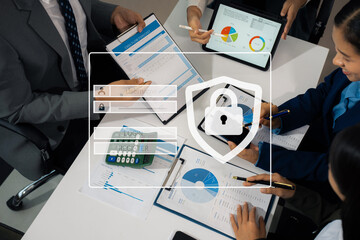 Businessman typing login and password in the concept of cyber security, information security, data protection, and encryption for secure access to user's personal information.