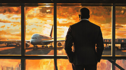 african american businessman in suit gazing at airplane through airport window during vibrant sunset. travel and business concept. travel advertisement banner with copy space.