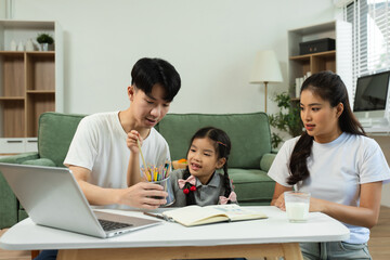 Family Asian spending happy time together on vacation.
