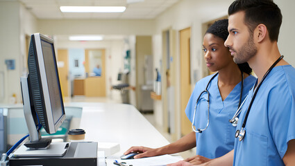 Two Diverse Doctors Reviewing Patient Data on Computer in Modern Hospital Corridor