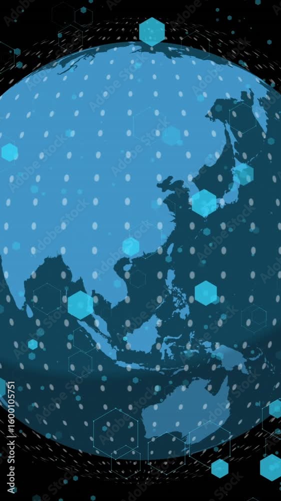 Poster animation of shapes over globe with data processing on black background