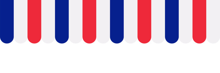 Fototapeta premium Seamless awning tent header in french style. Red, blue and white striped shop awning. Market canopy tent. Sun shade roof. Cafe awning. Shop striped canopy. Kiosk window border. 