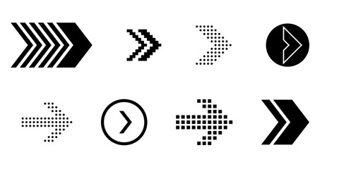 Next slide arrow icons for swipe and scroll interface vector elements with hand and finger navigation in pixel and line styles for button movement and screen direction
