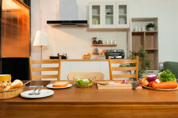 Family Asian spending happy time together on vacation, sitting in the kitchen.