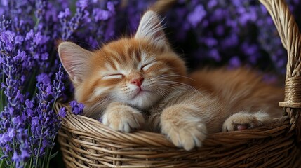 Sleepy ginger kitten nestled in a wicker basket surrounded by lavender flowers