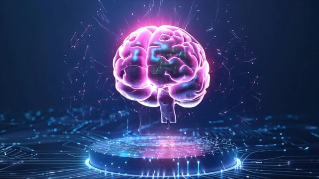 Glowing neural lines driving brain rotating while medical icons orbit showing brain connectivity. Neuroscience, data visualization, digital health, cognitive, technological, innovation, medical - Powered by Adobe