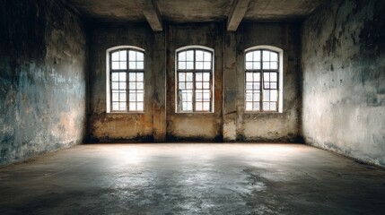 Three windows in a grungy room, creating a vintage atmosphere
