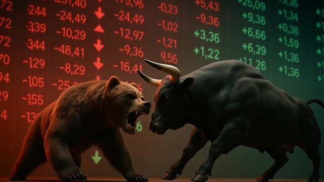 Stock market financial investment bull and bear fight with dynamic trend graph and chart showing fierce market emotions and challenges in red and green numbers background