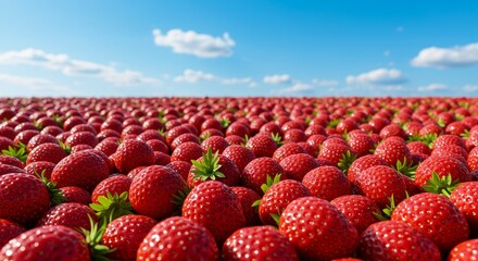 Abundant Strawberry Field Under Blue Sky - A vast expanse of ripe strawberries under a bright blue sky. Symbolizing abundance, freshness, summer, sweetness, and nature