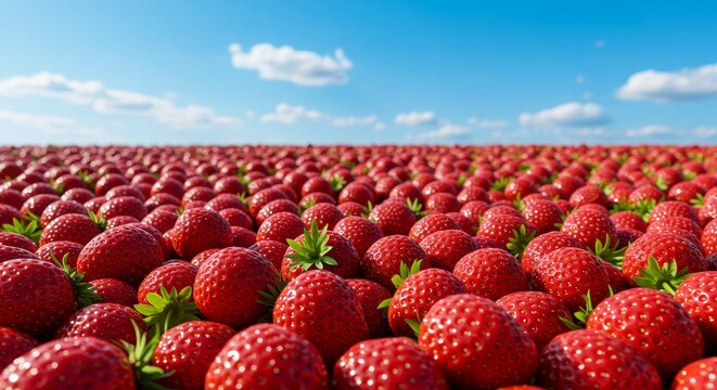Abundant Strawberry Field Under Blue Sky - A vast expanse of ripe strawberries under a bright blue sky. Symbolizing abundance, freshness, summer, sweetness, and nature