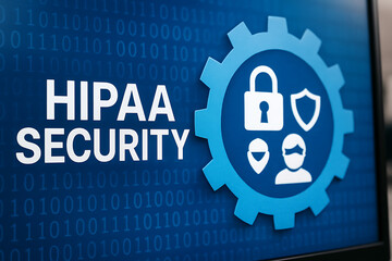 Digital visualization of HIPAA Security protocol enforcement with glowing circular interface, lock and medical icons, symbolizing cybersecurity in healthcare and data protection compliance
