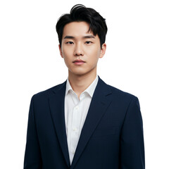 Portrait of a confident young asian businessman in a navy suit against a transparent background