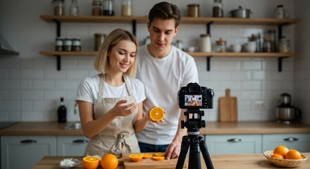 Young Couple Food Bloggers Filming a Cooking Video in their Modern Kitchen, Cutting and Preparing Oranges