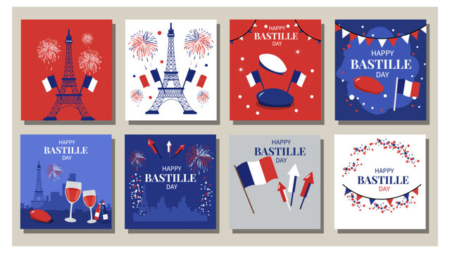 Eight Square Happy Bastille Day  Illustrations with Eiffel Tower, Flags, and Fireworks