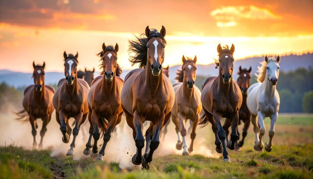 A herd of horses galloping at sunset (2)