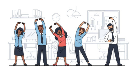 Office workers stretching and exercising in a workspace, promoting wellness and health