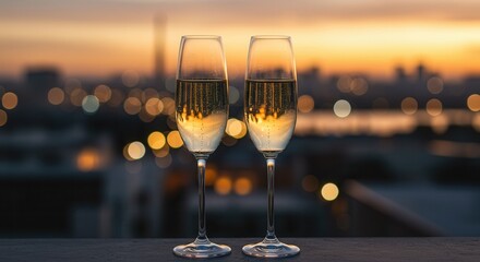 Obraz premium Champagne Glasses with Bokeh Blurred Background Romantic Sunset View