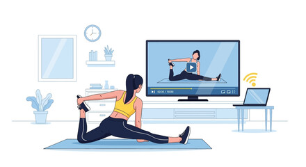 Woman following online yoga tutorial at home, exercising and staying fit using technology