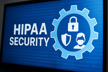 Digital visualization of HIPAA Security protocol enforcement with glowing circular interface, lock and medical icons, symbolizing cybersecurity in healthcare and data protection compliance
