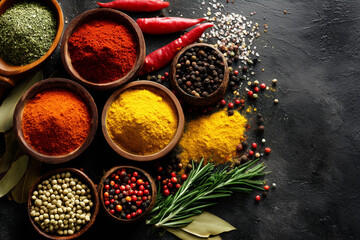 Spic Colorful Spices and Herbs Arrangement on Dark Surface