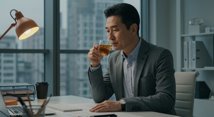 Businessman Taking Tea Break - A businessman takes a moment to relax with a cup of tea, symbolizing peace, rejuvenation, reflection, productivity, and balance in his workday