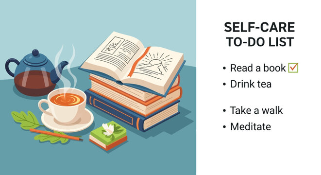 Self-care to-do list with tea, books, and a tranquil setting for relaxation and wellness. - Powered by Adobe