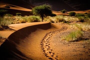 Desert path winding through dunes. Footprints trace a route through the orange sand. Small bushes and a tree flank the way