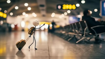 A whimsical character with a suitcase points towards a departure gate in a busy airport terminal