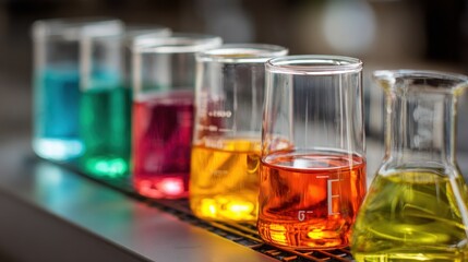 Colorful beakers in a lab setting