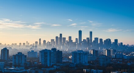 Obraz premium Cityscape Panorama at Dawn - Urban skyline, modern architecture, sunrise glow, hazy atmosphere, city development. Represents progress, ambition, community, and potential
