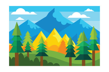 Cartoon Forest With Pine Trees Mountains In Background