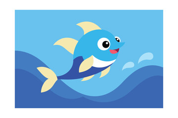 Fototapeta premium Cartoon Fish Jumping Out Of Water Blue Waves Bright Colors