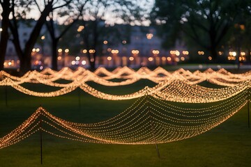 Enchanting Installation of Illuminated Wave-like Structures in a Park at Night