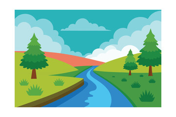 Obraz premium Calm River Grassy Banks Trees Cheerful Sky