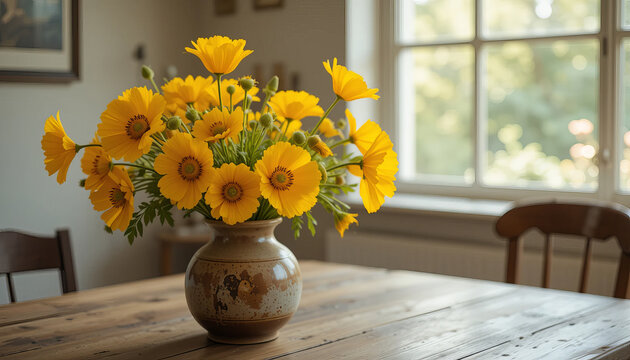 Yellow Poppy Flowers in Rustic Ceramic Vase on Wooden Table, Cozy Still Life with Natural Light