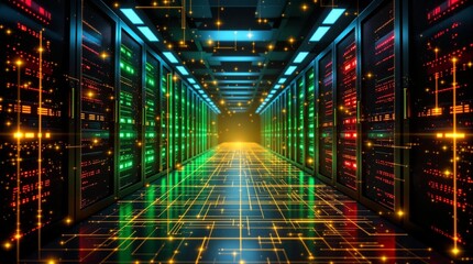 A modern data center with supercomputers on both sides, glowing with red and green lights. A golden digital grid overlay symbolizing modern technologies. Deep machine learning. Artificial intelligence