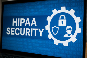 Digital visualization of HIPAA Security protocol enforcement with glowing circular interface, lock and medical icons, symbolizing cybersecurity in healthcare and data protection compliance

