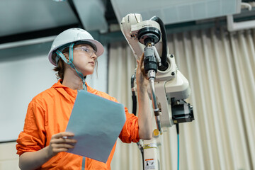 women echnician maintenance checking hardware robotic arm system of automation machine in factory....