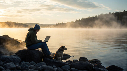 “Photorealistic image of a digital nomad sitting on a rocky lakeshore with laptop on knees, dog by their side, early-morning mist rising over water—no UI elements visible.”

