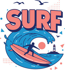 Bold Surf Text and Stylized Surfer Riding a Big Ocean Wave with a Lighthouse and Seagulls
