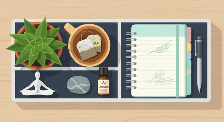 Relaxation and mindfulness desk setup with tea, journal, essential oil, and succulent