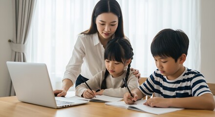 Asian mother helping her children with their homework using a laptop at home, education, family, learning, support