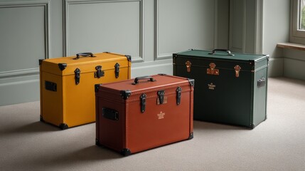 Vintage leather travel trunks in mustard yellow, olive green, and rust orange stacked diagonally against a soft gray wall with travel stickers and copy space on the side for travel and adventure them