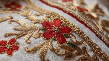 Intricate embroidery on white fabric