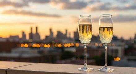 Champagne Glasses with Bokeh Blurred Background Romantic Sunset View