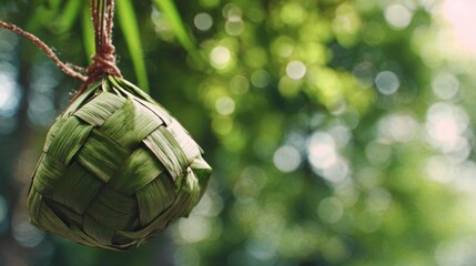 Woven leaf craft hanging from a string